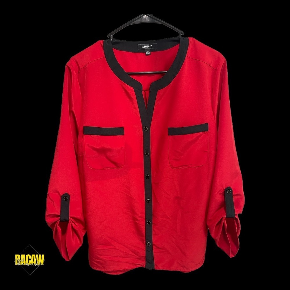 Elementz Red Contrast-Trim Button Front Blouse